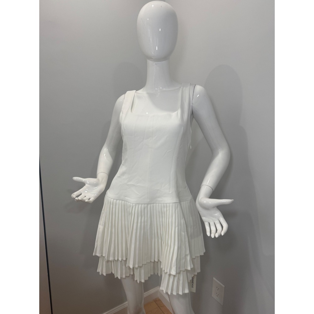 Commense White Mini Dress Pleated Tiered Skirt Sleeveless Party Cocktail Size L - Picture 9 of 12